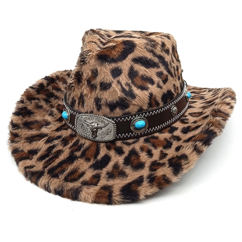Cappello Da Cowboy Leopardato Ecopelliccia Stile Occidentale Con Fascia In Pelle Testa Di Toro Turchese Unisex