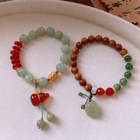 Hetian Jade Agate Beaded Bracelet With Kuke Wood Gourd Lotus Pendant Retro New Chinese Style Zen Jewelry Women
