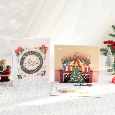 Tarjeta De Felicitación 3D Pop Up Navidad Corte Láser Tallado Papel Chimenea Árbol De Navidad Regalo Festivo Hecho A Mano Tarjeta