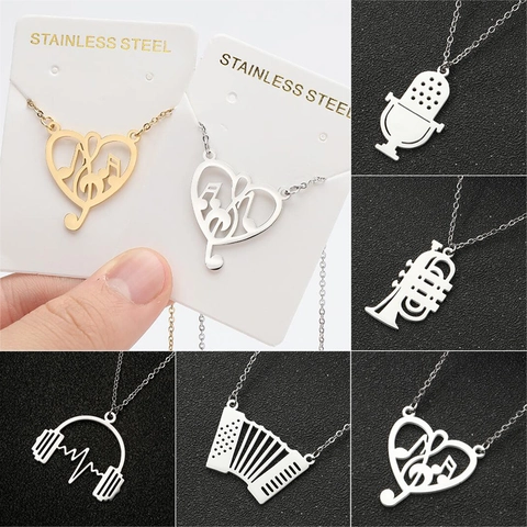 Collar Colgante Tema Musical Acero Inoxidable Corazón Nota Micrófono Trompeta Acordeón Auriculares Joyería Para Mujeres Niñas