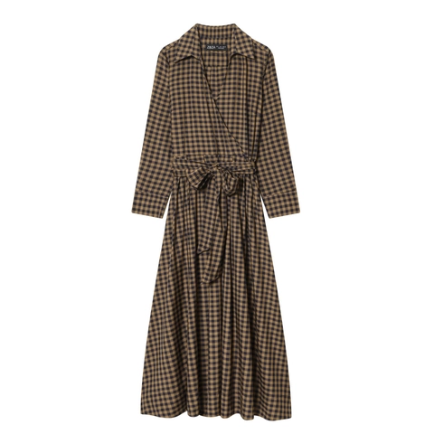 Damen Plaid Maxi Hemdkleid V-Ausschnitt Langarm Bindegürtel Elegant Vintage Lässig Herbst Frühling Büro Mode