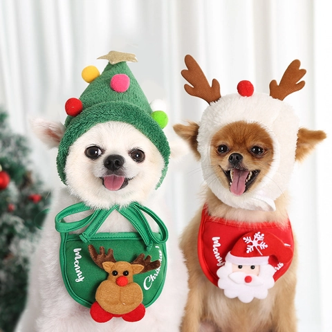 Haustier Weihnachten Hut Lätzchen Set Rentier Weihnachtsmann Weich Plüsch Polyester Kostüm Zubehör Für Hunde Katzen Party