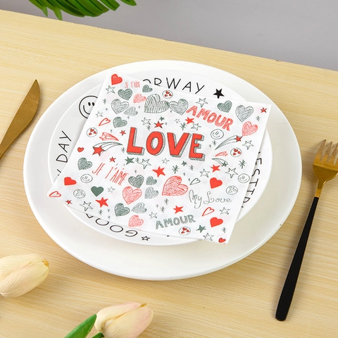 Serviettes En Papier Imprimées Cœur Pour La Saint-Valentin Thème Amour Romantique Décoration De Table Jetable