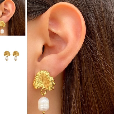 18 Karat Vergoldete Kupfer Ohrringe Mit Süßwasserperle Ginkgo Blatt Muschel Hänger Ohrringe Für Damen Modeschmuck