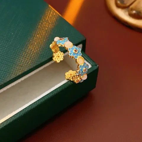 Vintage Floral Enamel Ανοιχτό Δαχτυλίδι Για Γυναίκες 18K Επιχρυσωμένο Χαλκό Ρυθμιζόμενο Ζιργκόν Ρητίνη Κοσμήματα