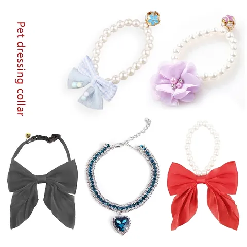 Pet Faux Artificial Pearl Necklace With Rhinestone Heart Pendant Adjustable Bowknot Collar For Cat Small Dog Party Dress Up Jewelry