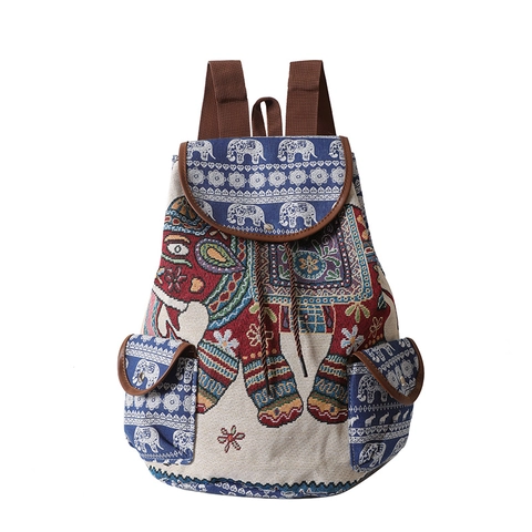 Ethnic Style Embroidered Canvas Backpack Women Travel School Bag Elephant Cat Pattern Literary Retro Rucksack For Ladies