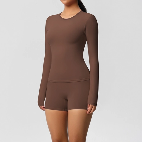 Women Long Sleeve Top And High Waist Shorts Yoga Workout Fitness Nylon Spandex Brushed Slim Fit Thumbhole Solid Color
