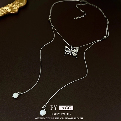 Butterfly Tassel Adjustable Necklace Copper Zircon Mother Of Artificial Pearl Fashion Jewelry Gift For Women
