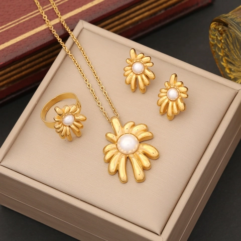 Eleganter Blumen Künstliche Perlen Schmuck Edelstahl Vergoldet Sonnenblume Halskette Ohrringe Ring Armband Für Damen Trendy INS Stil