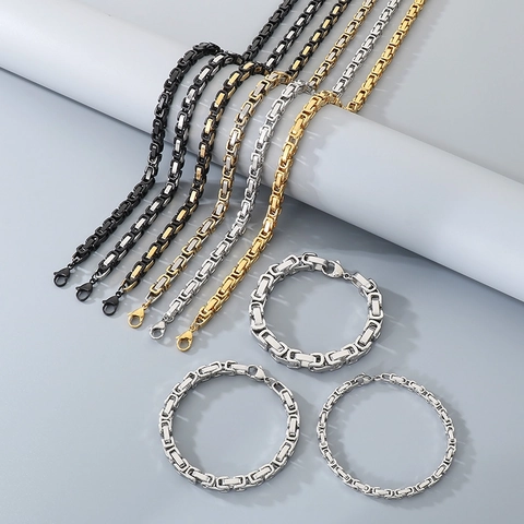 Collar Y Pulsera De Cadena Bizantina Joyería De Acero Inoxidable 304 Para Hombres Mujeres Estilo Geométrico Punk Hip Hop