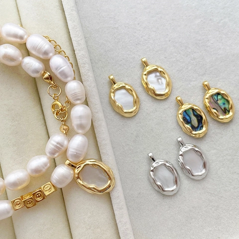 Natural Mother Of Artificial Pearl Abalone Shell Pendant Irregular Oval Hammered Gold Plated Alloy Charm For DIY Jewelry Making