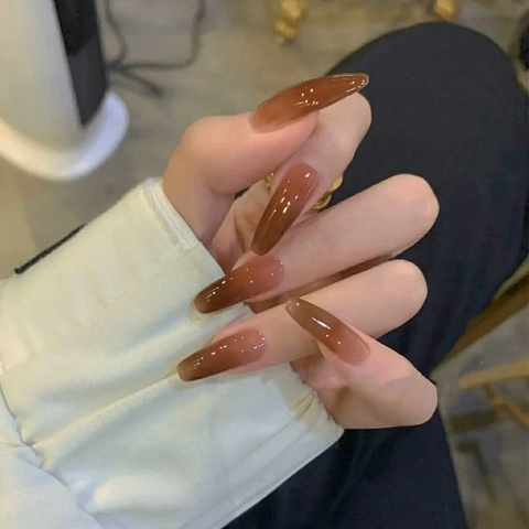 Faux Ongles Long Ballerina Coffin Press On Marron Café Dégradé Ombré Brillant Ongles Artificiels Pour Femmes Style Salon