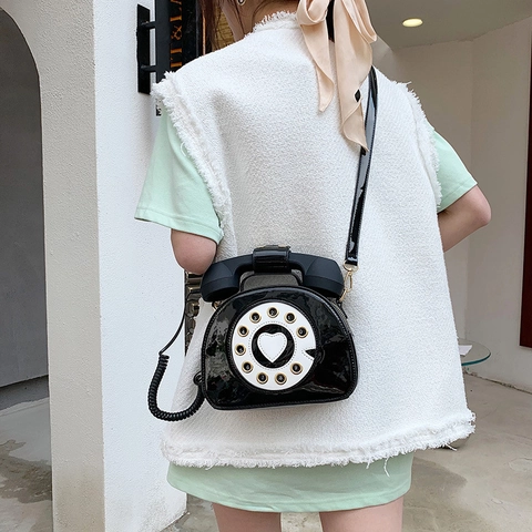 Retro Telephone Shaped Crossbody Bag PU Leather Patent Novelty Creative Heart Dial Design Shoulder Handbag For Women