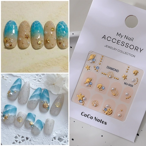 5D Geprägte Nagelaufkleber Meeres Muschel Seestern Design Selbstklebend Goldprägung Ozean Thema Dekorationen Damen