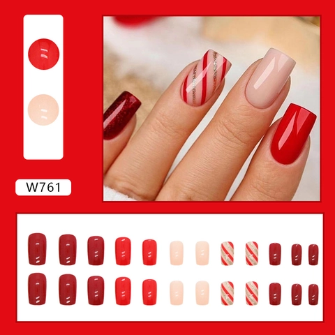 Weihnachts-Nagelspitzen Gestreift Rot Gold Glitzer Quadratische Form Mode Festliche Maniküre Für Frauen