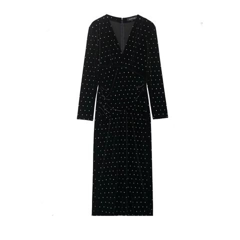 Fluwelen Midi Jurk V Hals Lange Mouwen Strass Kralen Elegant Feest Avond Voor Dames Zwart