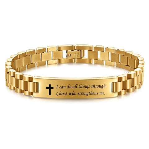 Herren Edelstahl Bibelvers Armband Kreuz Gravur ID Tag Religiöser Inspirierender Schmuck