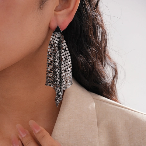 Pendientes De Gota Con Borla De Malla De Aleación Con Poste De Plata Triángulo Geométrico Joyería Punk Para Mujeres