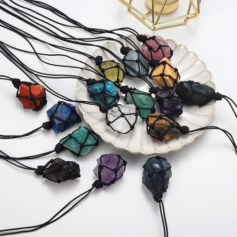 Collar Con Colgante De Piedra Natural En Bruto Malla Trenzada A Mano Gema Irregular Cristal Curativo Joyería Unisex