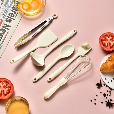 Utensilios Cocina Silicona Resistente Calor Antiadherente Espátula Batidor Pinzas Cuchara Pincel Blanco Crema