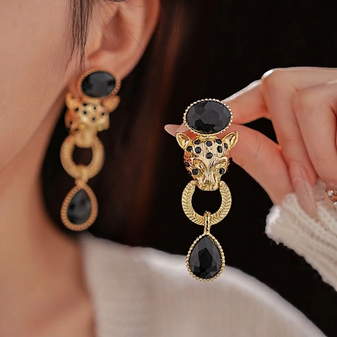 Orecchini Pendenti Testa Di Leopardo Lega Strass Ciondolo Goccia D'acqua Vintage Lusso Chic Con Silver Earring Post Donne