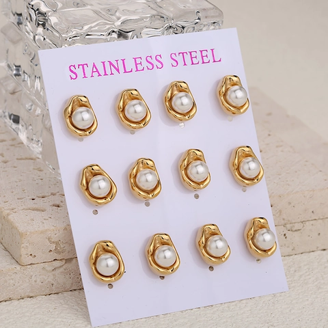 Orecchini a Bottone in Acciaio Inossidabile con Perla Artificiale Design Irregolare Oro Argento Accessorio Gioiello Elegante Donna