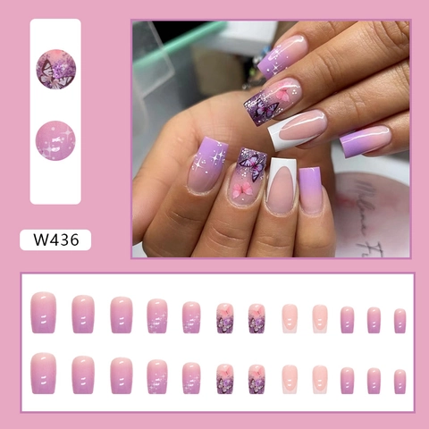 Purple Gradient Press On Nails With Butterfly Pattern Long Square French Style Artificial Fake Nails For Women