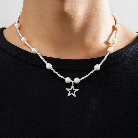 Artificial Pearl Necklace With Alloy Star Pendant And CCB Beads Minimalist Indie Style Versatile Jewelry For Men And Women