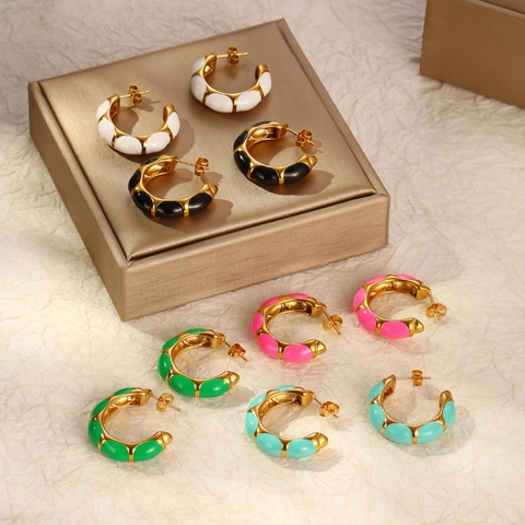C-Shaped Hoop Earrings Stainless Steel Gold Plated Colorful Enamel Bamboo Design Minimalist INS Style For Women