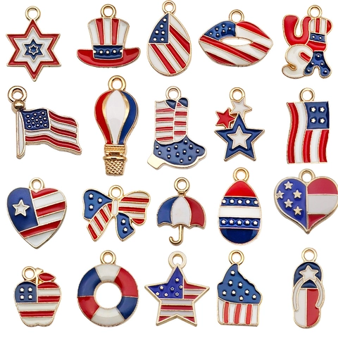 USA Flag Patriotic Charms Enamel Zinc Alloy Pendants For Jewelry Making DIY Bracelet Necklace Earrings Red White Blue Stars