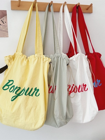 Borsa A Tracolla Con Coulisse Tela Stampa Lettere Grande Capacità Leggera Tote Bag Casual Donna