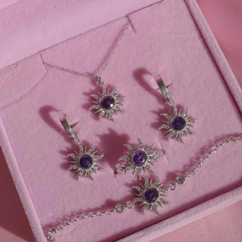 Vintage Zinc Alloy Sunflower Jewelry Set Purple Rhinestone Necklace Earrings Ring Bracelet For Women Gold Silver Star Jewelry