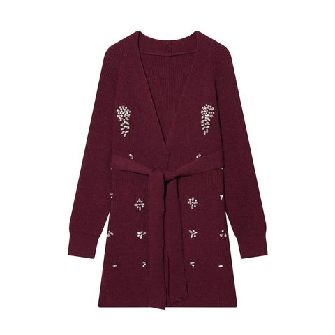 Women Elegant Rhinestone Knit Cardigan With Belt Long Sleeve V Neck Beaded Sweater Top Casual Autumn Winter Outerwear