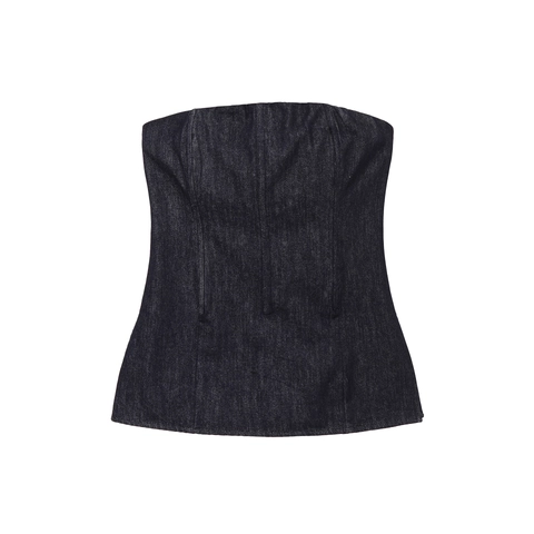 Denim Tube Top Strapless Off Shoulder Corset Slim Fit Back Zipper Chic Vintage Indigo Blue Women