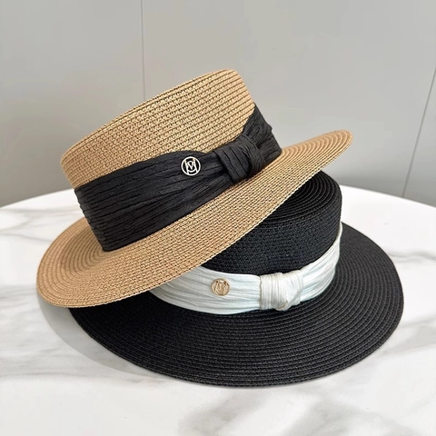 Sombrero Boater Elegante De Paja Francés De Ala Ancha Con Cinta De Satén Y Logo Metálico Accesorios Playa Mujer
