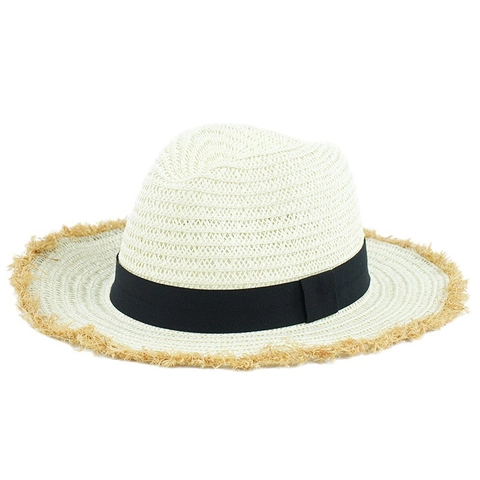 Wide Brim Straw Sun Hat Fringed Edge Paper Straw Beach Summer Panama Fedora Style Breathable For Women