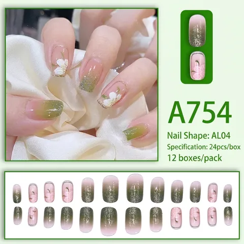Faux Ongles Longs Ovales Dégradé Vert Translucide Avec Fleurs De Camélia 3D Et Paillettes
