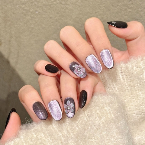 Handmade Purple Cat Eye Press On Nails With 3D Flower Butterfly Rhinestone Japanese Oval Glossy Reusable Fake Nails For Women