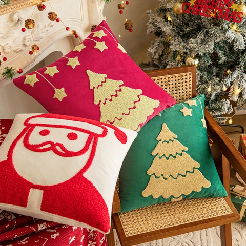 Kerst Kussensloop Fluweel Geborduurd Kerstman Rendier Boom Kussenhoes Voor Sofa Woonkamer Feestelijke Huisdecoratie