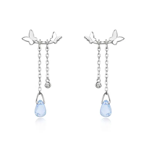 S999 Sterling Silver Butterfly Tassel Drop Earrings For Women Light Blue Moonstone Asymmetrical Dangle Jewelry Gift