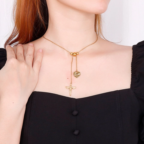 Angel And Heart Pendant Necklace Stainless Steel Y-Shaped Adjustable Slider Tassel Women Fashion Jewelry