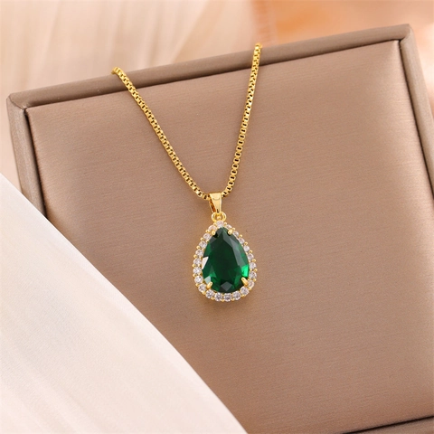 Teardrop Pendant Necklace Green Zircon Stainless Steel Gold Plated Box Chain Elegant Fashion For Women