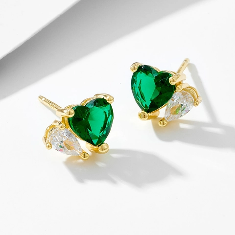 Boucles d'Oreilles Clous Cœur en Argent Sterling 925 pour Femmes Zirconia Vert Émeraude Cristal Blanc Incrusté Bijoux