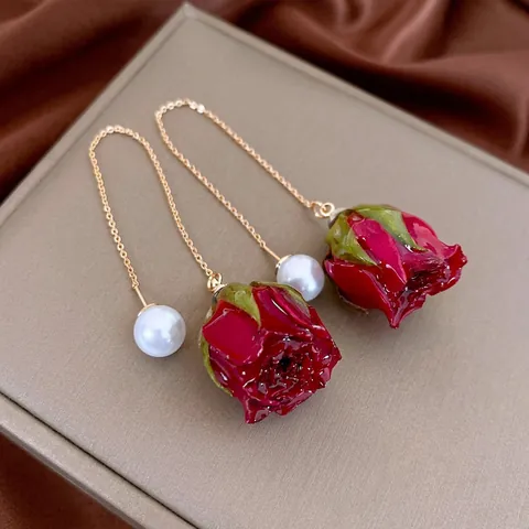French Vintage Red Rose Flower Earrings With Faux Artificial Pearl Alloy And Silver Earring Post Romantic Elegant Jewelry For Women