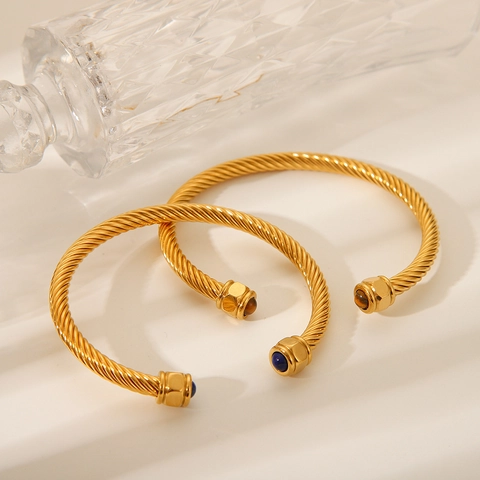 Gedrehtes Kabel Manschette Armband Edelstahl Gold Überzogen Vintage Offen Verstellbar Edelstein Inlay Mode Schmuck Damen