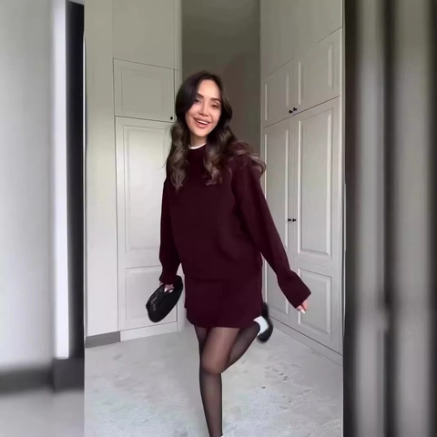 Maglione In Maglia E Minigonna Da Donna Completo Casual Tinta Unita Maniche Lunghe