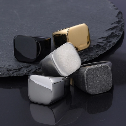 Anello Sigillo Acciaio Inossidabile 316L Lucidato Quadrato Tondo Faccia Piatta Minimalista Punk Trendy Per Uomo