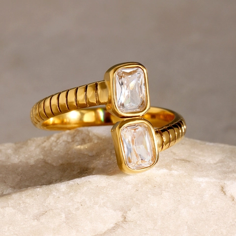 Elegant Stainless Steel Ring With Double Rectangle Zircon Adjustable Open Band Waterproof Hypoallergenic Jewelry For Women