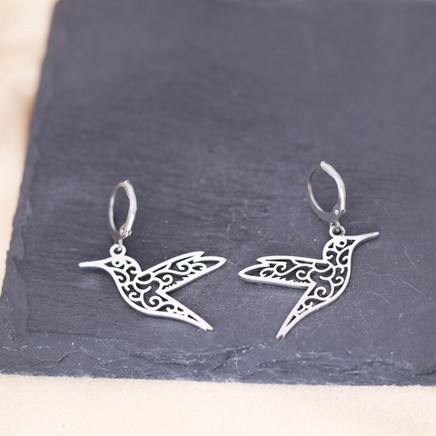 Hummingbird Dangle Earrings Stainless Steel Hollow Filigree Bird Animal Jewelry Fashion Accessory For Women